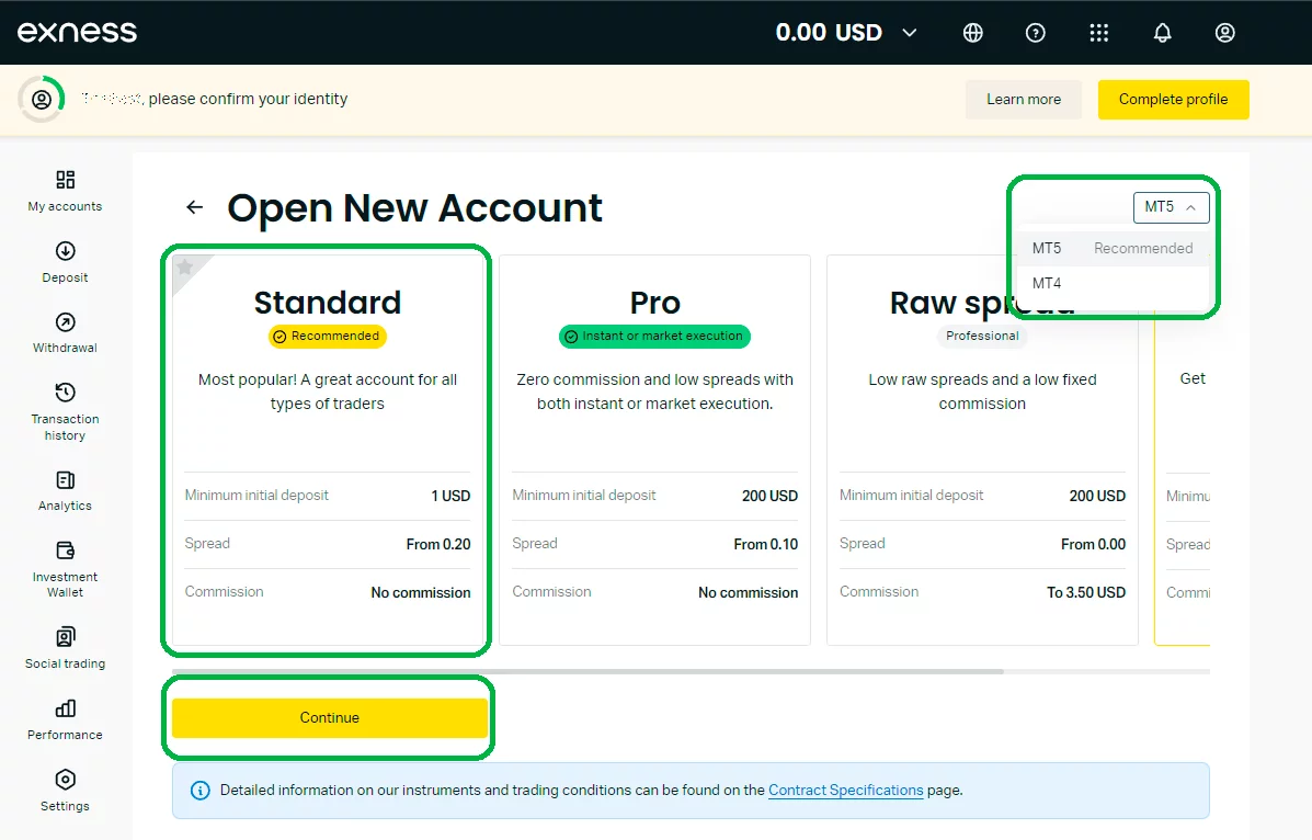 帐户创建过程，可从多个具有不同条款与条件的帐户中选择，并选择帐户將运作的终端