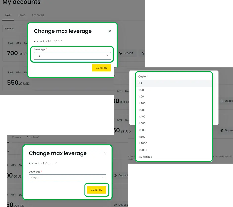 变更 Exness 杠杆的说明 - 第四步，选择杠杆大小