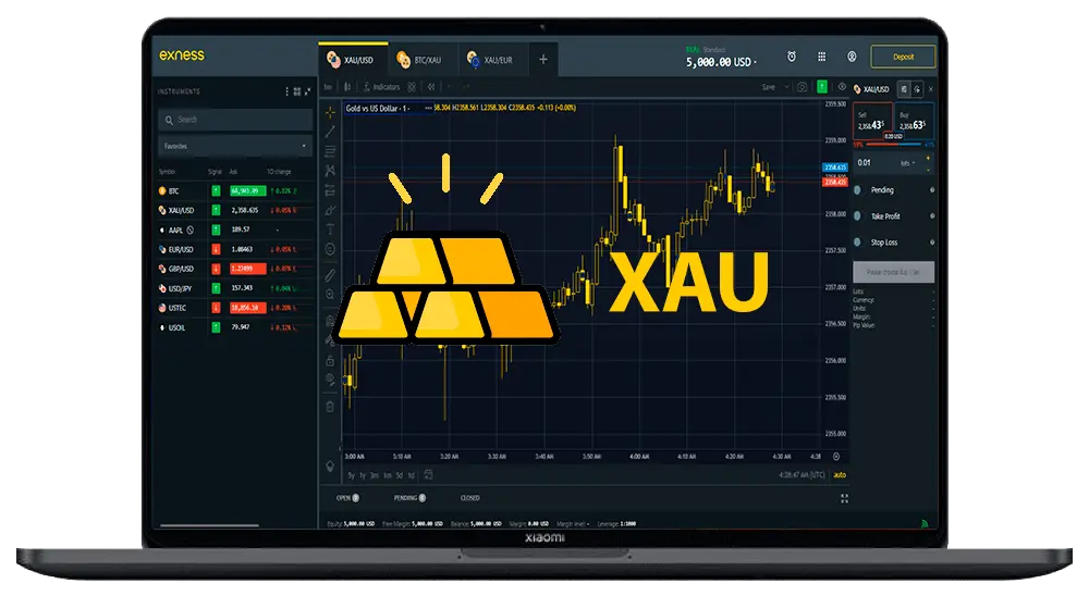Exness 交易平台在电脑上，带有黄金标志，并將黄金标示为 XAU