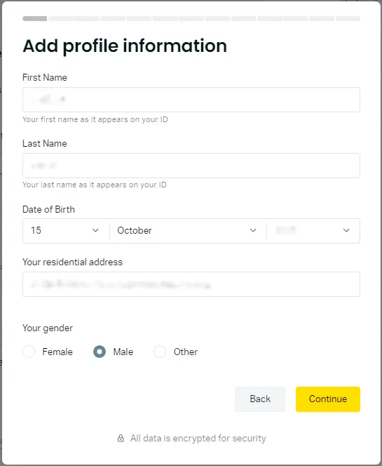 Exness 核实 - 请添加个人资料，姓名、出生日期、居住地址及性別