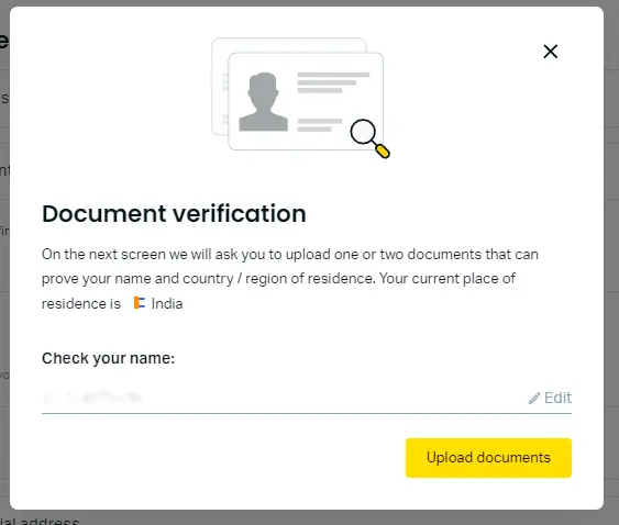 核实 Exness - 上传文件核实的按钮