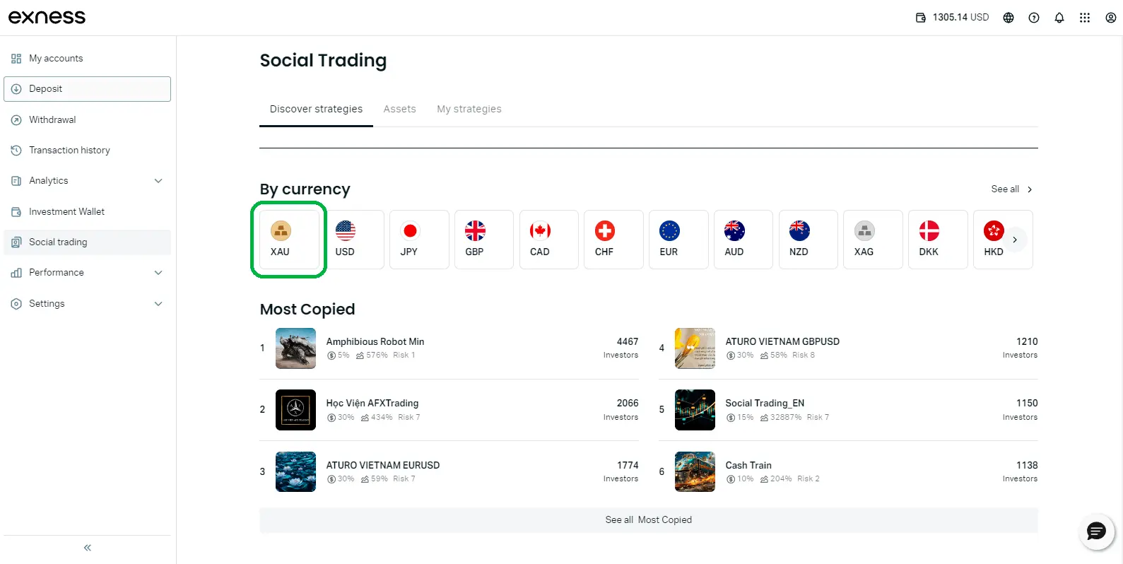 Exness 社群交易，选择黄金策略的说明，选择资產「XAU」