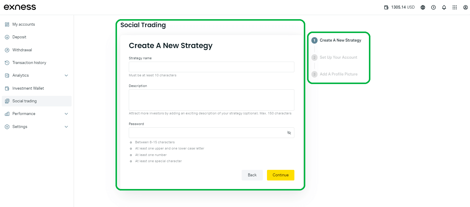 社交交易 Exness 上传您的交易策略以复制 - 与您的策略相关的资讯完成三个步骤